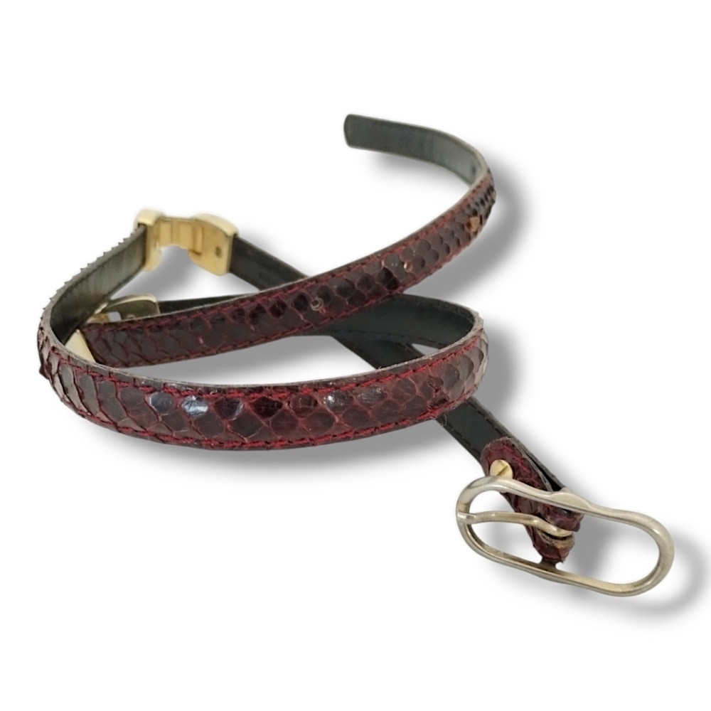 Vintage 1980s Burgundy Snakeskin Skinny Belt | Made in Spain | Size S